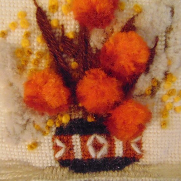 Vintage Southwestern Vase with Rust Cattails and Orange Flower, Needlepoint, 6x6 - Picture 3 of 5